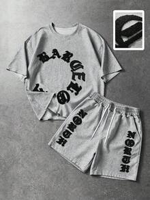ROMWE MEN Street Life Bộ đồ nam thường ngày phong cách đường phố, áo thun rộng vai rớt thêu chữ và quần short cạp chun, thích hợp đi làm, mùa hè. - Xám - Xem 7