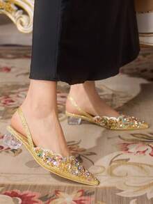 CUCCOO TILAWA Ladies' Fashionable And Elegant Crystal Heel, Rhinestone Pointed Laser Lace, Women's High-Heeled Shoes, Suitable For Banquets, Parties And Other Occasions - Gold - View 5