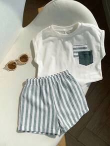 2pcs/Set Baby Boy Girl Green And White Striped Summer Casual Beach Outfit,Patchwork White Short Sleeve T-Shirt And Striped Shorts Set For Party,Daily - Green - View 3