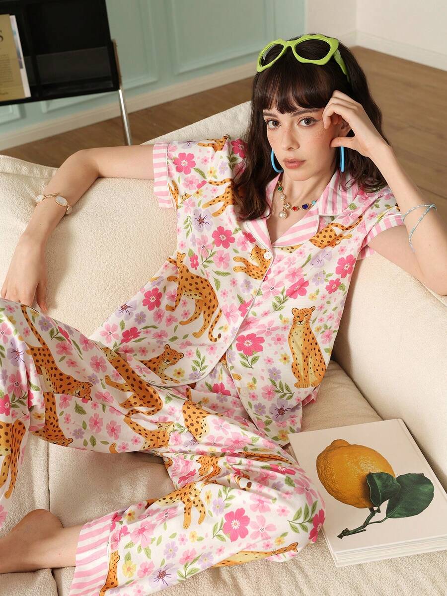 Chillnights Bộ đồ ngủ nữ trẻ trung, năng động với áo khoác cardigan họa tiết da báo và hoa. - Nhiều màu - Xem 1