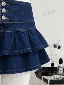 SHEIN Tall Tall Women's Fashion Ruffle Hem Denim Mini Skirt - Dark Wash - View 5
