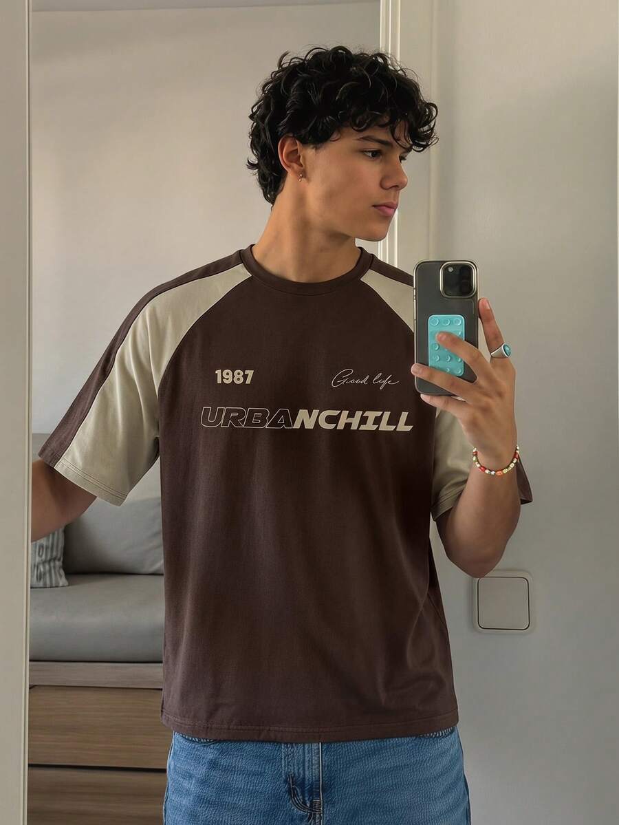 SWAVVY Men's Casual Contrast Color Letter Print Round Neck Raglan Sleeve T-Shirt, Summer - Brown - View 1