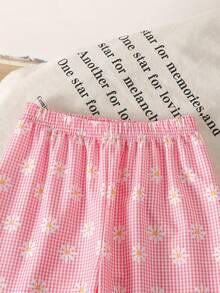 SHEIN Playful Pals 2件組小女孩夏季7歲生日套裝，甜美蝴蝶結短袖T恤搭配雛菊格紋長褲，適合嬰幼兒的可愛休閒穿搭 - 粉色 - 查看 6