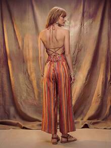 Fembélia Women's Vacation Striped Backless Criss-Cross Halter Wide Leg Jumpsuit - Multicolor - View 2