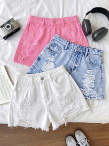 SHEIN 3件組青少年女孩白色、藍色、粉色破洞牛仔短褲 Y2K 夏季淺色水洗寬鬆休閒街頭牛仔長短褲，低腰牛仔短褲，舒適且時尚，休閒街頭風，夏季，適合春夏季穿著，優雅度假風，春假夏季海灘度假穿著，夏季短褲，白色休閒短褲，適合音樂節、海灘、畢業典禮、度假、派對、婚禮、畢業舞會、生日、休閒度假 - 彩色 - 查看 3