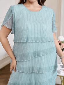 Reflora Plus Size Women Solid Color Round Neck Casual Party & Outing Dress - Blue - View 3