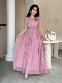 Feyla New Arrival Waist Ruched 3D Floral Elegant Romantic Vacation Dress - Dusty Pink - View 4