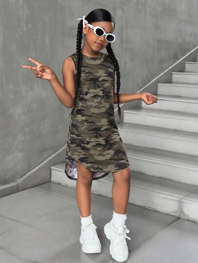 Vestido de tirantes holgado de punto esponjoso con estampado de camuflaje para niña preadolescente/niñas preadolescentes, moda casual versátil para salidas, vacaciones, campamentos, sesiones de fotos, combinable con atuendos familiares