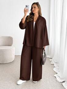Shapeblank Plus-Size Women's Brown Autumn Smart Casual Everyday Long-Sleeved Cardigan & Elastic Waist Wide-Leg Pant Set,Loose Comfortable Two Pieces Work Outfits - Brown - View 3