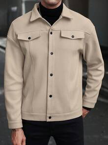 Manfinity CasualCool Áo khoác nam dài tay, cài cúc phía trước, vai rớt, kiểu dáng thường ngày, thích hợp cho mùa thu. - Màu be - Xem 5