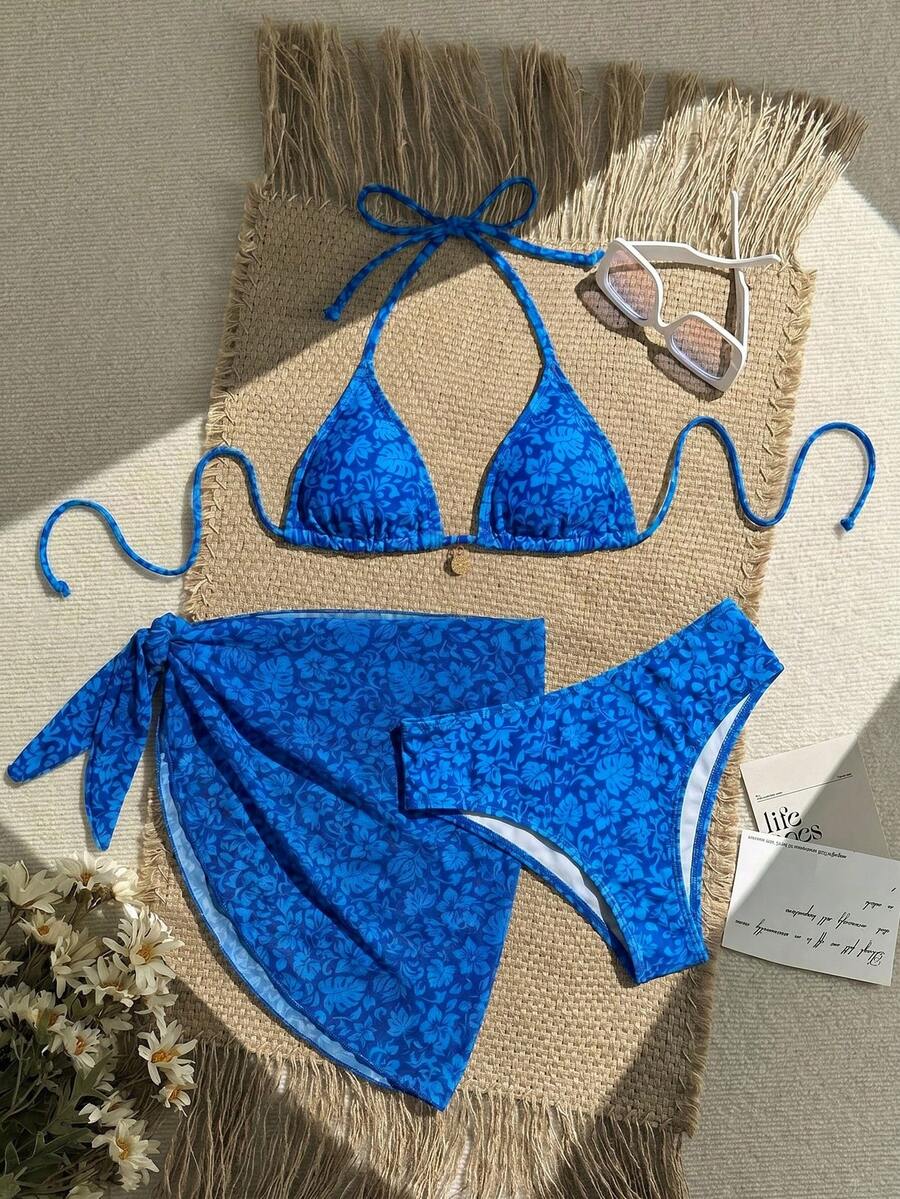 Swim Vcay 3件套女士夏季沙滩度假金属吊坠花卉露背性感比基尼套装 - 藍色 - 查看 1