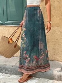 Brillora 女款綠色花卉夏季波西米亞度假風優雅青色亮片熱帶編織印花裙，適合鄉村音樂會、辦公室、海灘 - 綠色 - 查看 15