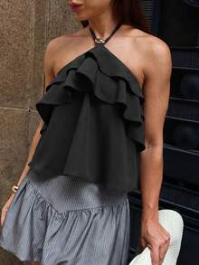 Siren Gaze Sexy Ruffled Backless Halter Neck Top For Summer,Summer Top - Black - View 6