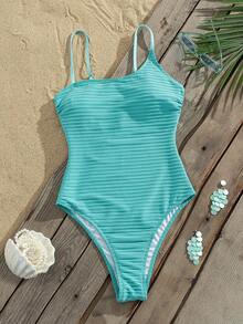Swim Chiccia Áo tắm liền thân dây mảnh màu trơn dành cho nữ, chất liệu vải đặc biệt. - Màu xanh lam - Xem 5