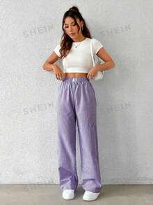 Hanevo Quần nữ cạp chun kẻ sọc, kiểu dáng thường ngày, đa năng. - Màu tím - Xem 3