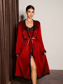 Slumberist Faux Silk Lace Patchwork Criss-Cross Backless Tie Robe & Slip Dress 2 Pieces Set For Women - Red - View 4