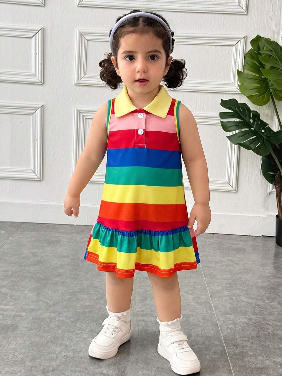 SHEIN Bộ đồ mặc nhà thường ngày cho bé gái, kiểu dáng ngọt ngào dễ thương, kẻ sọc cầu vồng, cổ áo mở, không tay, dáng chữ A, phối bèo nhún. - Nhiều màu - Xem 1