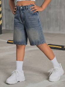 SHEIN Tween Girl Y2K Fashionable Stonewashed High Waist Flap Pocket Baggy Denim Shorts, Back To School Summer - Dark Wash - View 3