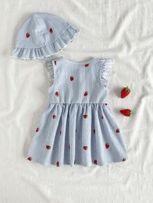 SHEIN Vintaside Kids Summer Newborn Baby Girl Apricot Round Neck Ruffle Cartoon Cherry Print Sleeveless Red Bow Dress With Red Hat Elegant And Cute - Blue - View 3