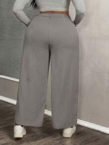 SHEIN PETITE CURVE 大码女士纯色简约日常休闲裤 - 深灰色 - 查看 2