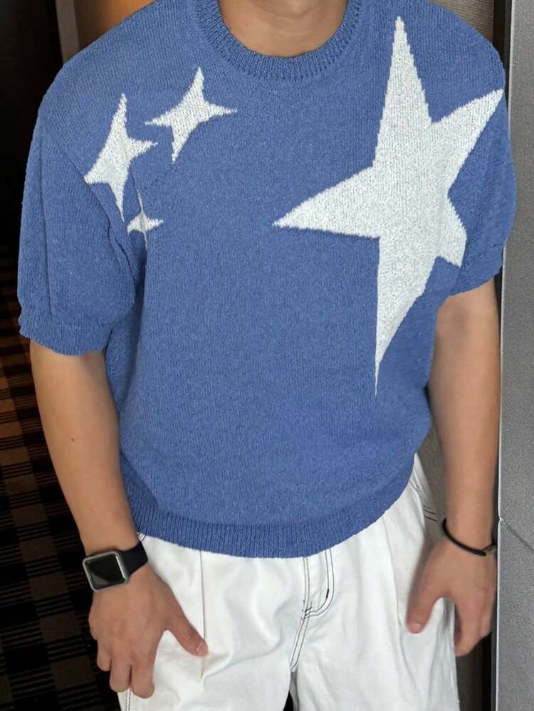 Blue Short Sleeve Knit Top With White Star Pattern For Men