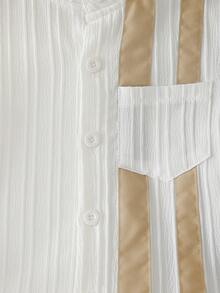 SHEIN 男童休闲纯色条纹短袖衬衫长裤套装（2件套），适合日常、度假、运动、夏季穿着 - 杏色 - 查看 5