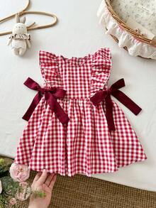 SHEIN LMoss Kids 女婴红色格子拉链圆领荷叶边下摆休闲撞色蝴蝶结百搭连衣裙 - 紅色 - 查看 4