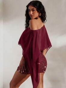 Opulessa 2pcs Solid Color Knit Fitted Tube Top & Asymmetric Neck Loose Woven Blouse Set,Summer Top - Burgundy - View 2