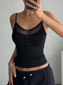 DAZY Women's Mesh Patchwork Ruffle Fitted Camisole Top, Versatile For Daily Wear - Black - View 4