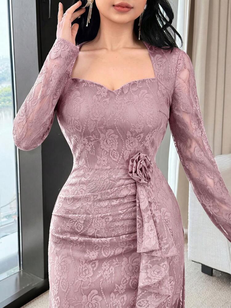 Feyla New Lace Waist Ruffle Dusty Pink Cinched Waist Elegant High-End Party Dress Autumn