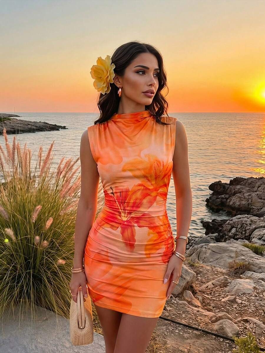 Firerie Orange Lily Print Ruched Bodycon Dress, Suitable For Summer, Hawaii Vacation, Beach Resort Wear,Dresses For Women Summer - Orange - View 1