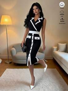 Elenzga Đầm công sở nữ thanh lịch, gợi cảm, ôm eo, không tay, cổ áo, phối túi, cài nút, dáng ngắn, thích hợp cho đi làm, văn phòng, dự đám cưới, sinh nhật, hẹn hò, đi biển. - Đen và trắng - Xem 4