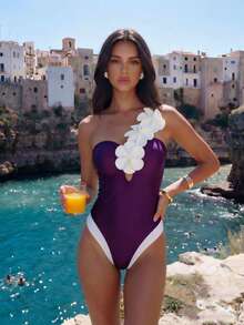 Swim Chiccia Đầm dự tiệc, đi biển, năm mới dệt kim họa tiết hoa, đầm đi biển gợi cảm với viền bèo nhún phối màu tương phản, đen trắng, liền thân, thích hợp cho mùa đông và Giáng sinh, bộ bikini mùa hè thanh lịch dành cho nữ. - Nhiều màu - Xem 6