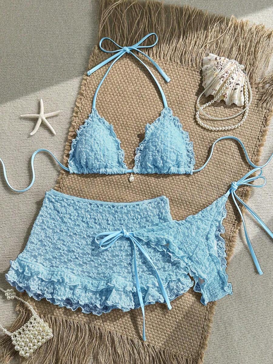 Swim Mod 三件套,纯色花卉纹理面料,珍珠贝壳装饰,挂脖三角比基尼上衣,侧系带泳裤,荷叶边裙摆,性感泳装套装,适合春夏度假 - 淺藍色 - 查看 1