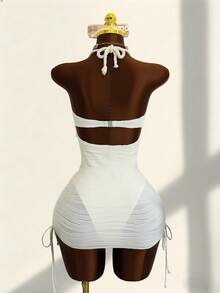 Zestiva Traje de baño de una pieza de estilo de vacaciones en la playa, con cuello de halter de cuerda trenzada, decoración con colgante de estrella de mar y concha, textura ondulada de tela y cintura ceñida para estilizar la figura - Beis - Ver 3