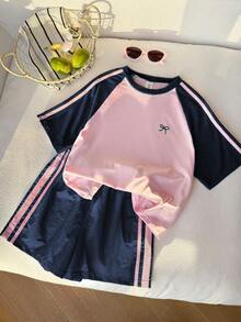 SHEIN Teen Girl Summer Casual Sports Daily Commute Raglan Short Sleeve Contrast Striped Side T-Shirt And Shorts Set - Navy Blue - View 3