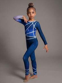 SHEIN Elite Gymnastics Leotard For Young Girls,Summer Sport Competition-Grade High-Elasticity Fabric,Artistic Line Print Pattern For Training&Performances - Navy Blue - View 4