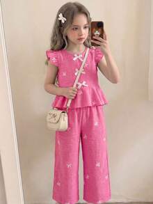 Elladie kids 2pcs/Set Tenue d'été assortie pour filles en bas âge, rose clair, pour vacances en famille, chemise à col rond avec nœud papillon, broderie, imprimé, manches volantées et ourlet à volants & short - Rose vif - Voir 3