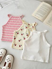 THE HAPPY LOOK Bộ 3 áo hai dây dệt kim mềm mại in hoa cho bé gái. - Màu Hồng baby - Xem 2