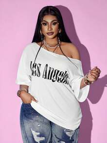 Maweii Plus Size Women's Rave Backless Ripped Letter Print Oblique Shoulder White T-Shirt, Casual For None, Back-To-School Daily Wear Date Night Summer - White - View 5
