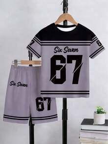 2pcs/Set Tween Boy Casual Creative Graphic Number 67 Striped T-Shirt And Shorts Outfit, Comfortable Daily Wear For Spring, Summer & Autumn - Multicolor - View 4