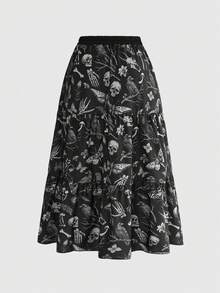 ROMWE Fairycore Outdoor Vacay Summer Outfits Plus Size Women 2 Pieces Set With Dark Gothic Raven, Dead Tree, Skull, Butterfly, Moth, Mushroom All-Over Print - Black - View 13