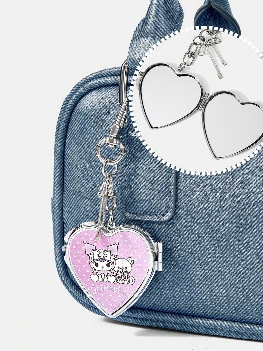 HELLO KITTY AND FRIENDS | SHEIN 1PC Mini Compact Mirror Keychain - Sweet Foldable Mirror For Backpacks And Purses - Purple heart - View 1