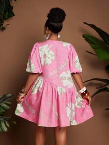 Maweii Plus Size Women's Summer Vacation Lantern Sleeve Short Sleeve Printed Round Neck Ruched A-Line Dress - Pink - View 2