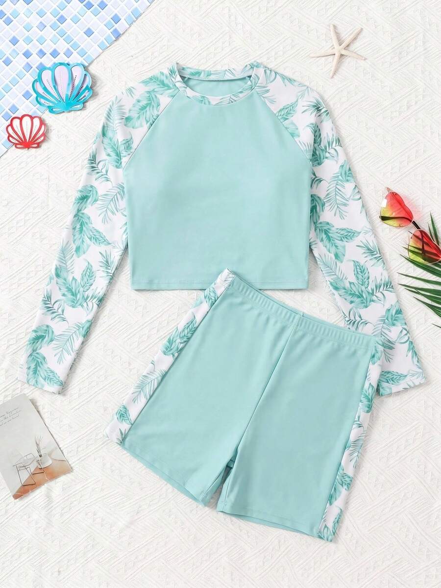 SHEIN Teen Girl Raglan Sleeve Tropical Plant Print Top And Shorts Swimwear Set - Mint Green - View 1