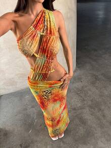 Aloruh 女士优雅性感露背串珠拼接系带低腰不对称花卉扎染印花连衣裙，适合海滩度假 - 彩色 - 查看 9