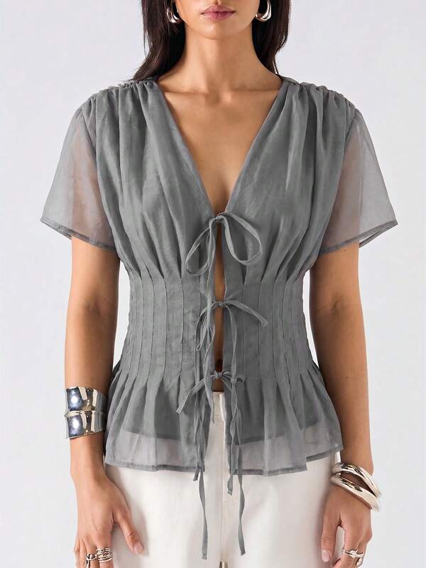 LYSMO 2026 Nueva blusa de mujer minimalista de unicolor con lazo y plisado, de manga corta, versátil y casual, adecuada para verano/primavera