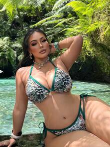 Swim SXY Plus Size Women's Summer Beach Leopard Print Halter Tie Sexy Bikini Swimwear Set - Multicolor - View 5