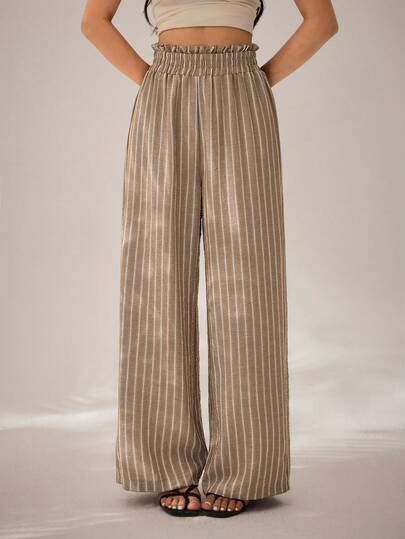 SHEIN PETITE Women's Casual Vacation Brown Base White Striped Pants,High-Waisted Vertical Stripe Slimming Wide-Leg Trousers,Casual Drape Comfortable Straight-Leg Women's Pants, Wide Leg Summer Pants, Stripe Pants, Vacation Pants Woman, Boho Pants For Women,Summer Vacation Outfits,Holiday Outfits For Women, Summer Outfits For Women , Spring To Summer