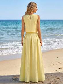 Sylviya Women's Casual Yellow Tank Top And Skirt Set, Summer Vacation - Yellow - View 2